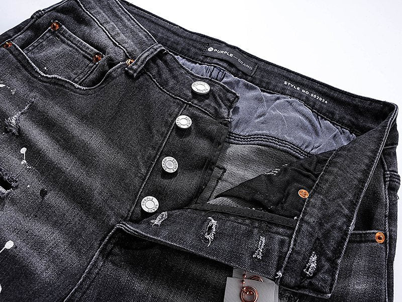 Purple Brand Paint-Splatter Distressed Black Jeans — detail