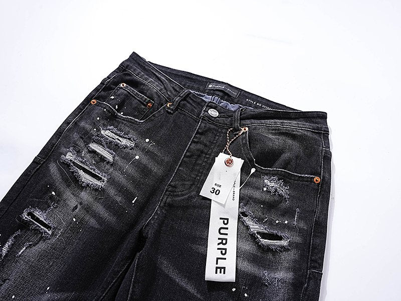 Purple Brand Black Paint-Splatter Distressed Jeans — detail