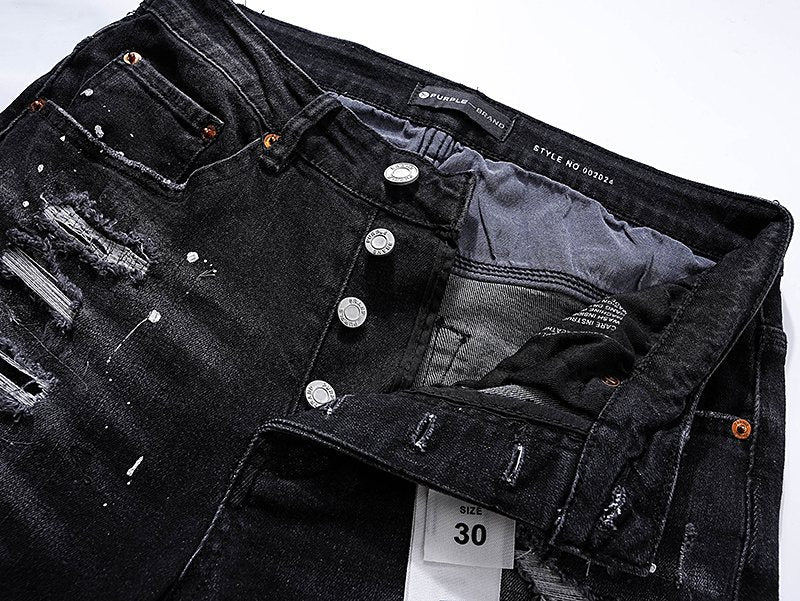 Purple Brand Black Paint-Splatter Distressed Jeans — detail