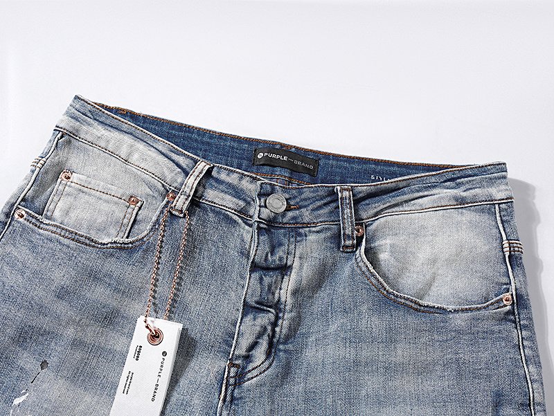Purple Brand Light Blue Distressed Paint Splatter Jeans — detail