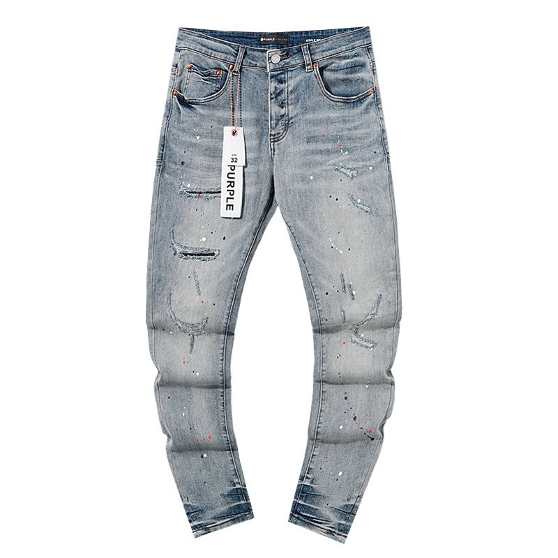 Purple Brand Distressed Paint Splatter Stacked Jeans — hero