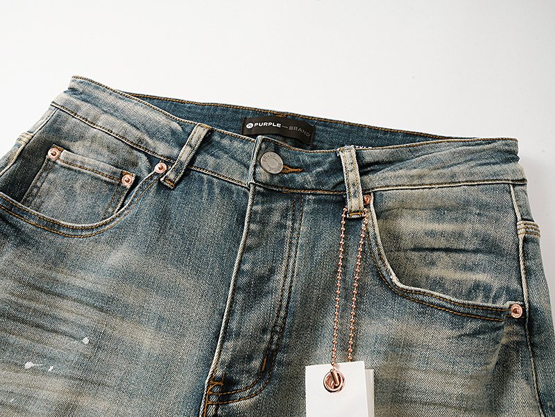 Purple Brand Light Blue Distressed Paint Splatter Jeans — detail
