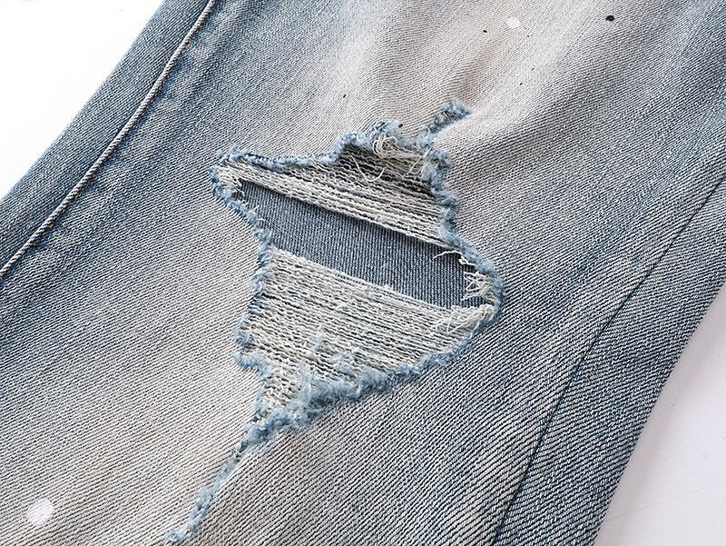 Purple Brand Light Blue Distressed Paint Splatter Jeans — detail