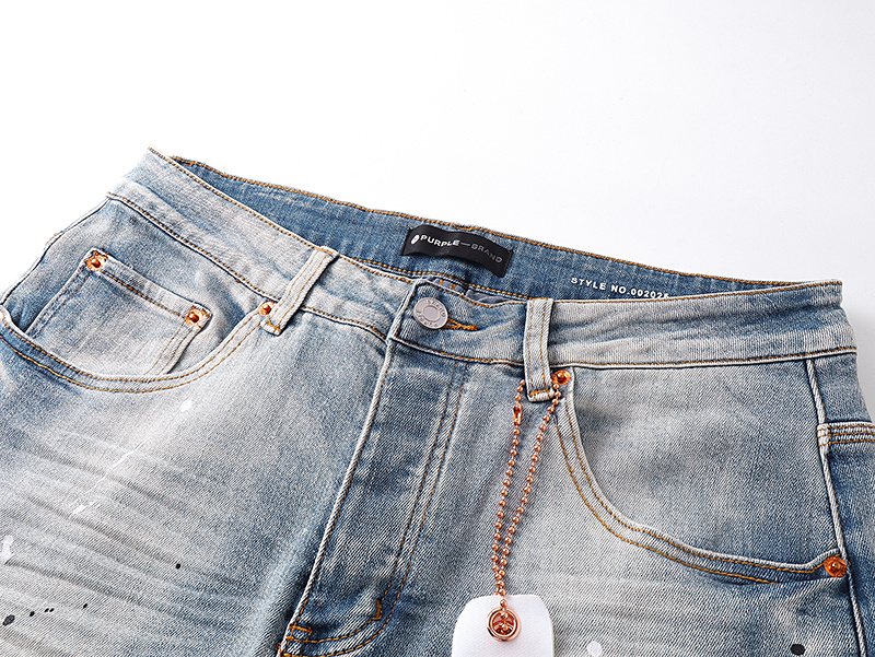 Purple Brand Light Blue Distressed Paint Splatter Jeans — detail
