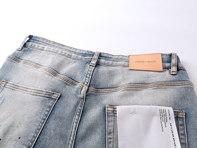 Purple Brand Light Blue Distressed Paint Splatter Jeans — detail