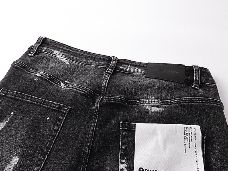 Purple Brand Black Distressed Paint Splatter Jeans — detail