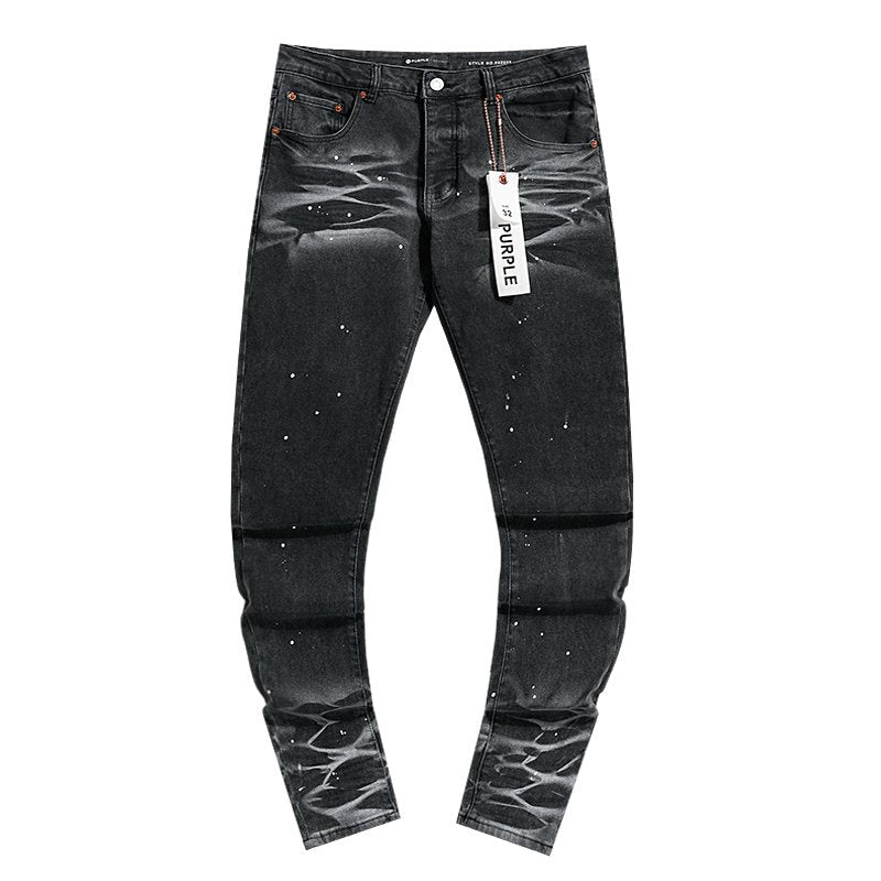 Purple Brand Paint Splatter Waxed-Look Black Jeans — hero