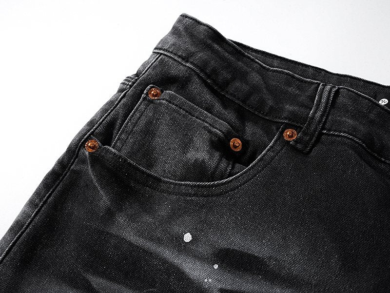 Purple Brand Paint Splatter Waxed-Look Black Jeans — detail