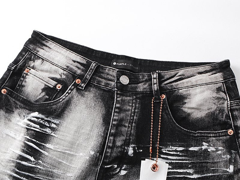 Purple Brand Washed Distressed Paint-Effect Jeans — detail