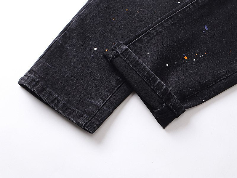 Purple Brand Black Distressed Paint-Splatter Jeans — detail