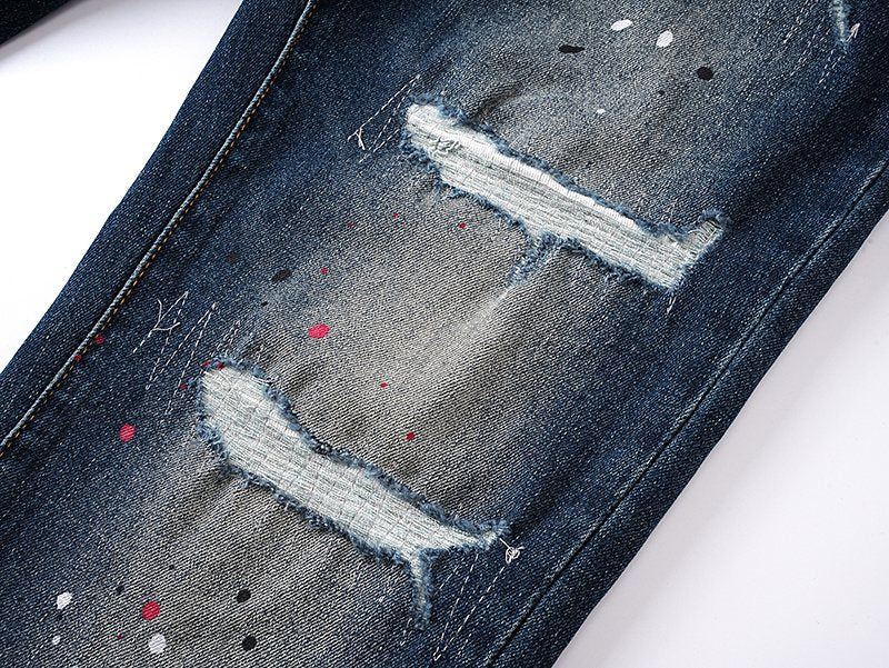 Purple Brand Dark Blue Distressed Paint Splatter Jeans — detail