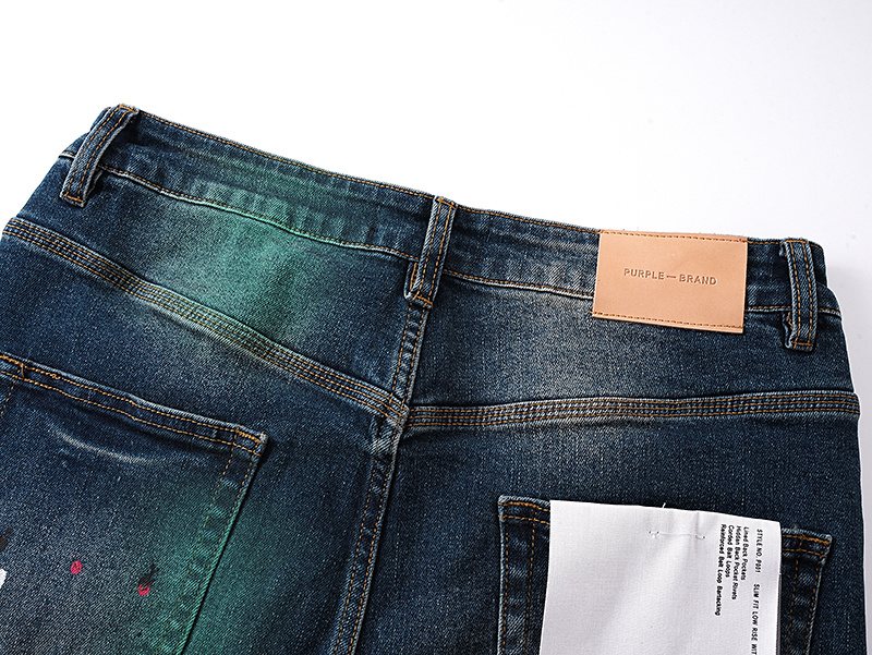 Purple Brand Dark Blue Distressed Paint Splatter Jeans — detail