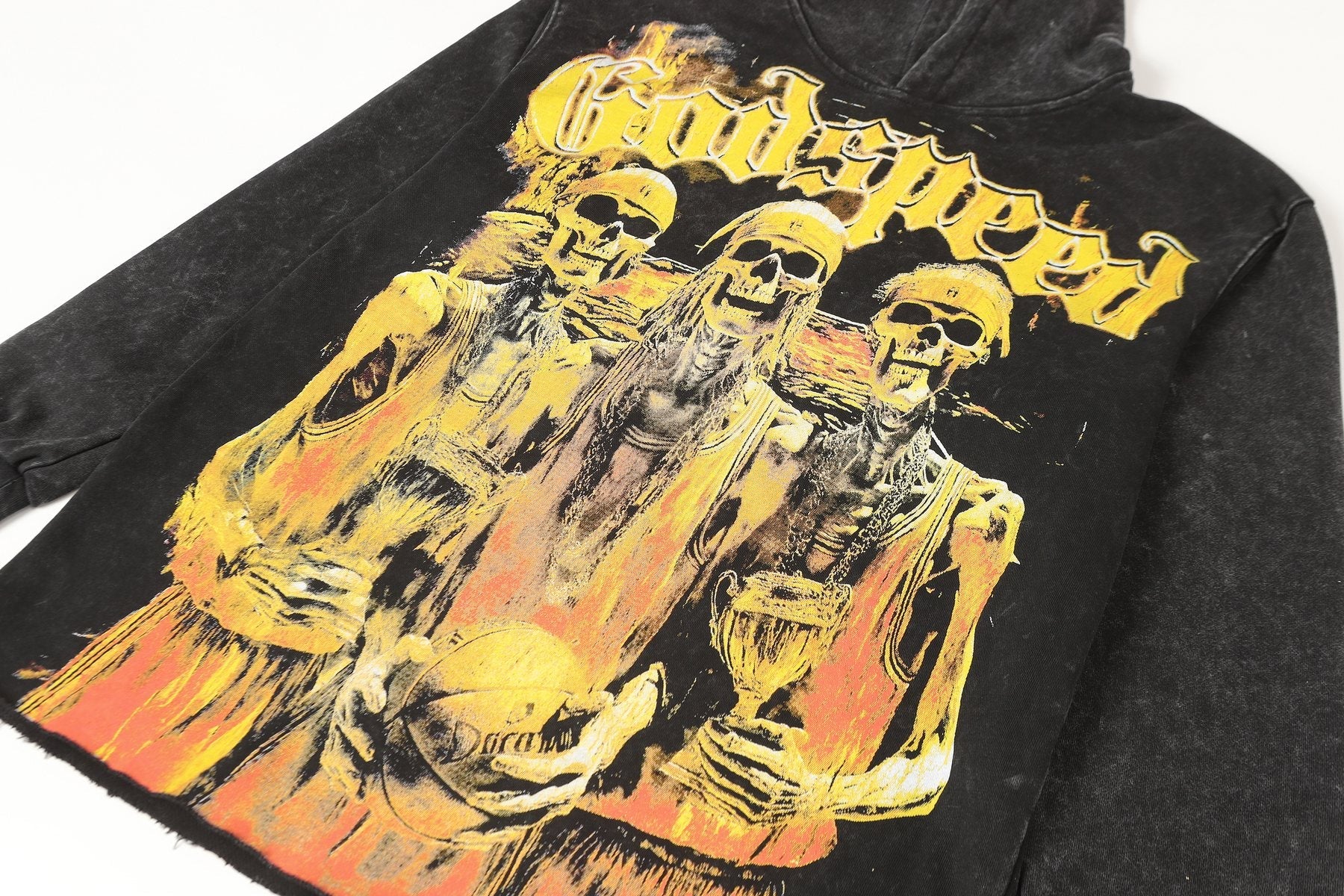 Godspeed Fortis Fortuna Adiuvat Skull Graphic Hoodie — detail