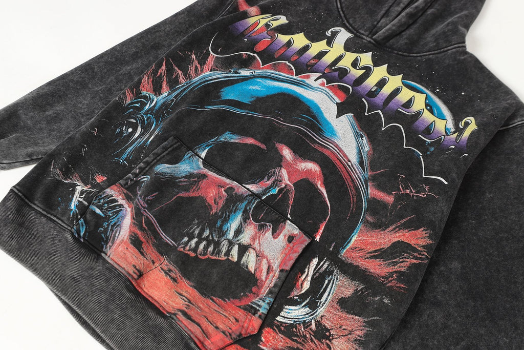 Godspeed Skull Graphic Acid Wash Hoodie — detail
