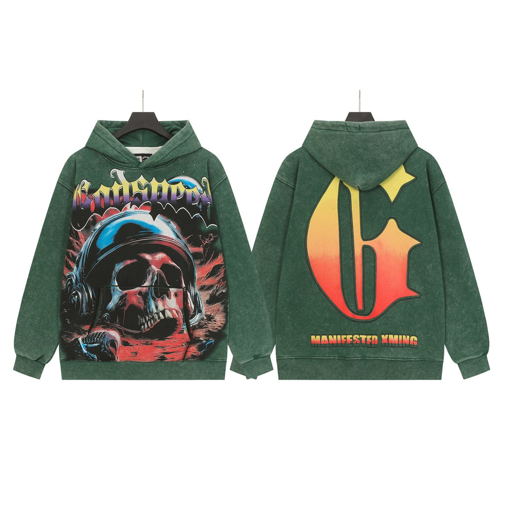 Godspeed Skull Graphic Acid Wash Hoodie — front