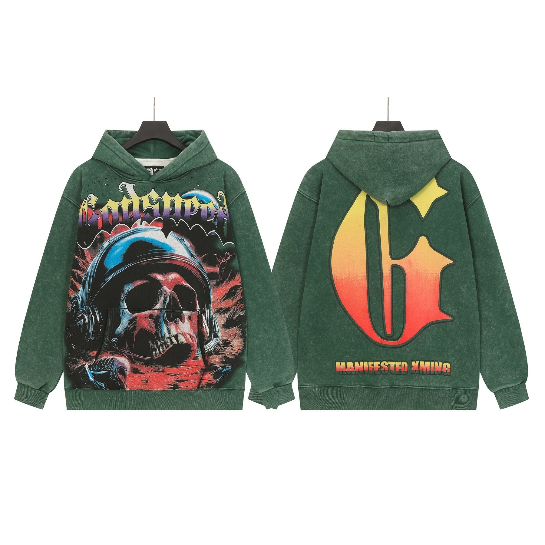 Godspeed Skull Graphic Acid Wash Hoodie — front