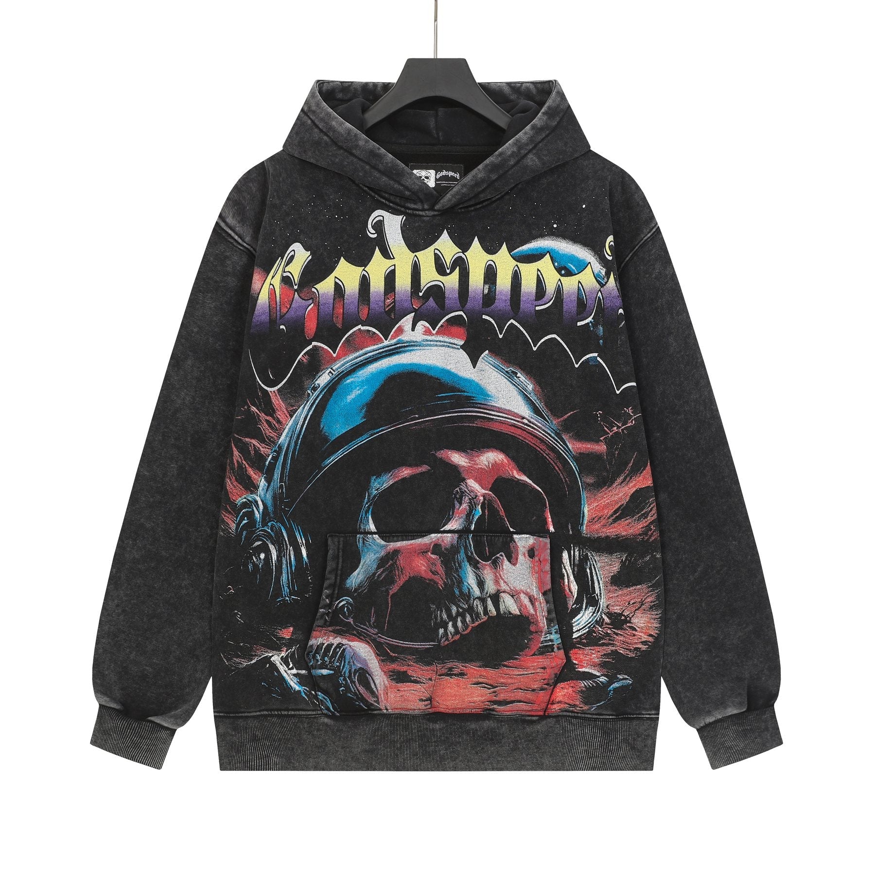 Godspeed Skull Graphic Acid Wash Hoodie — front