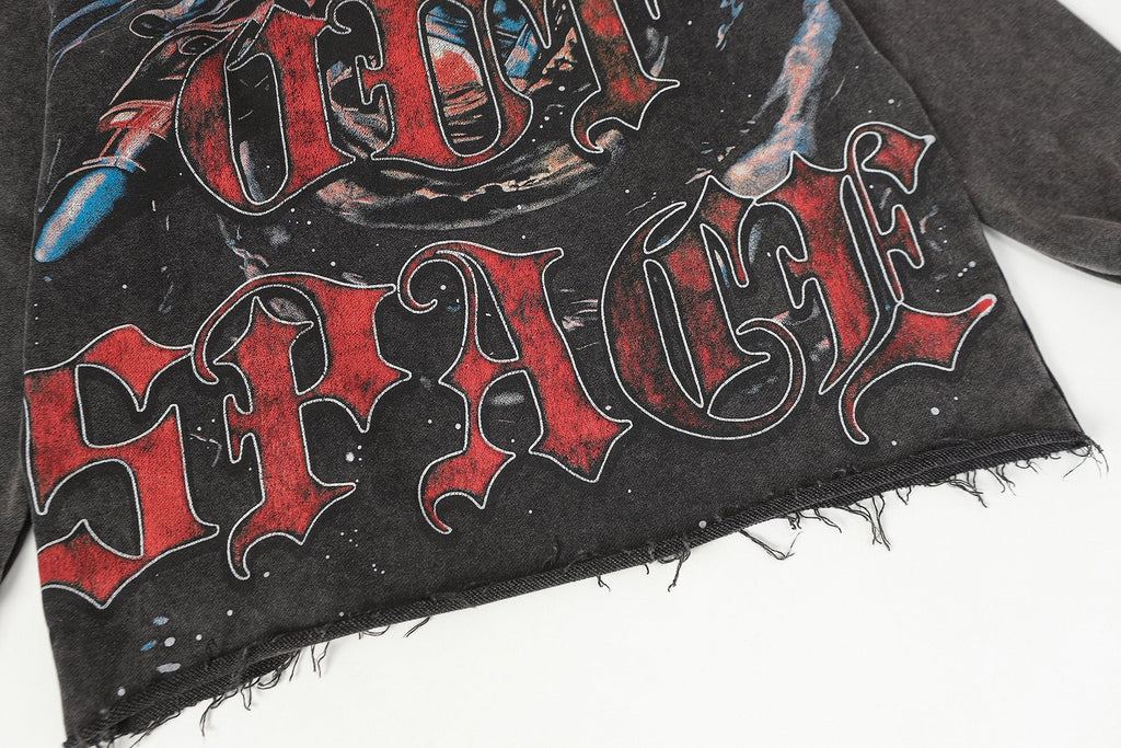 Godspeed Astronaut Skull Graphic Washed Raw Hem Hoodie — detail