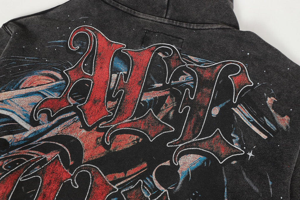 Godspeed Astronaut Skull Graphic Washed Raw Hem Hoodie — detail