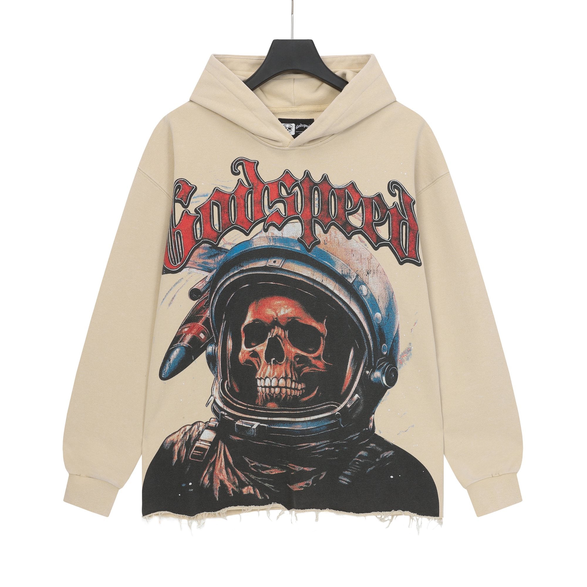 Godspeed Astronaut Skull Graphic Washed Raw Hem Hoodie — hero