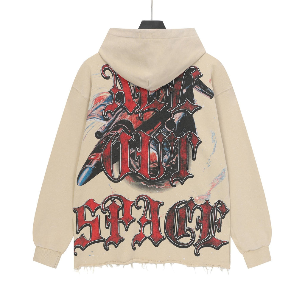 Godspeed Astronaut Skull Graphic Washed Raw Hem Hoodie — back