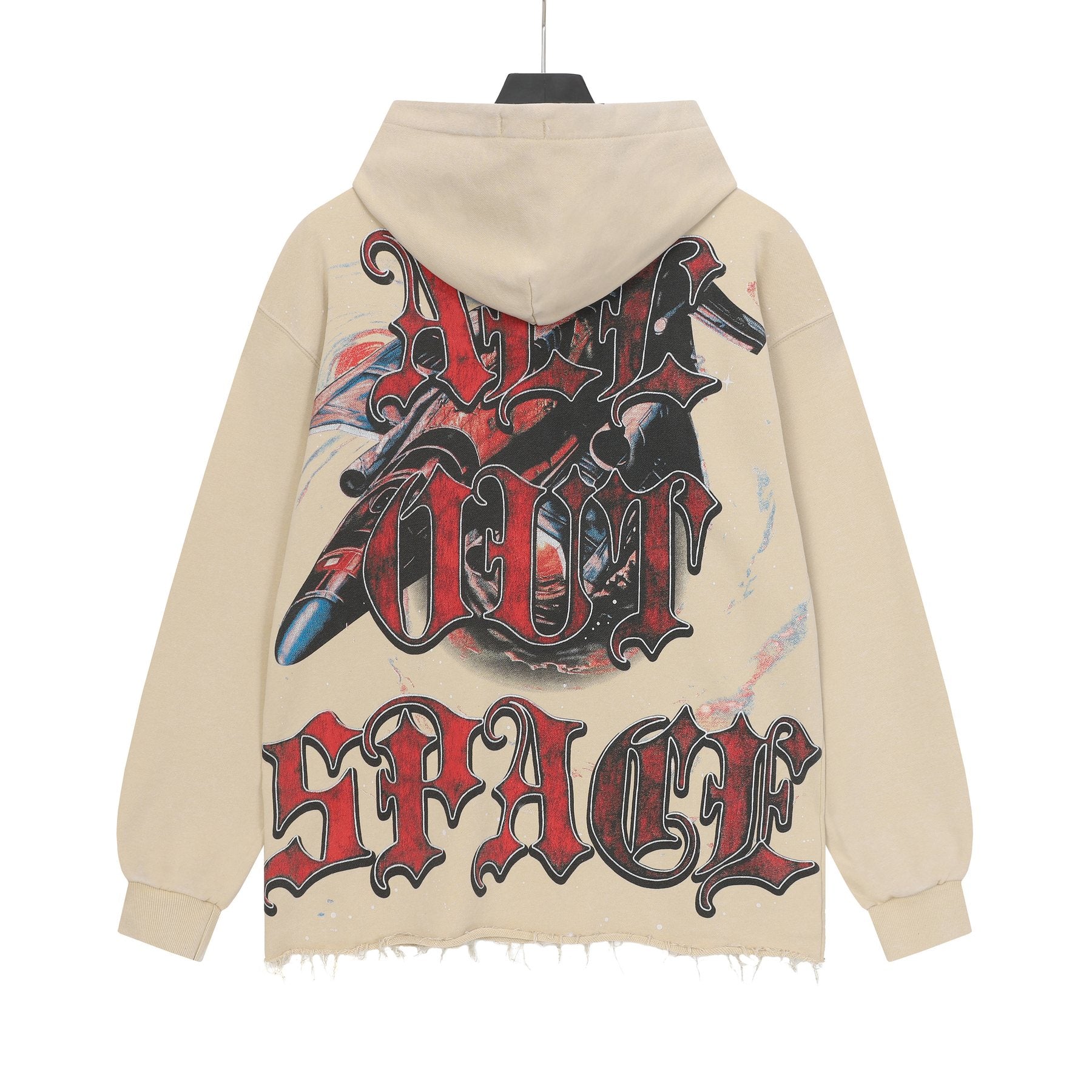 Godspeed Astronaut Skull Graphic Washed Raw Hem Hoodie — back