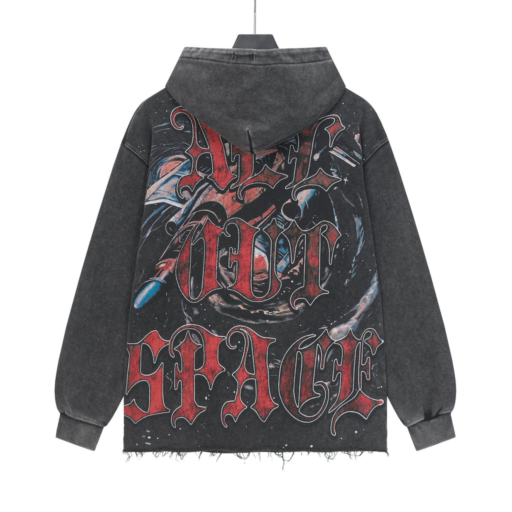 Godspeed Astronaut Skull Graphic Washed Raw Hem Hoodie — back