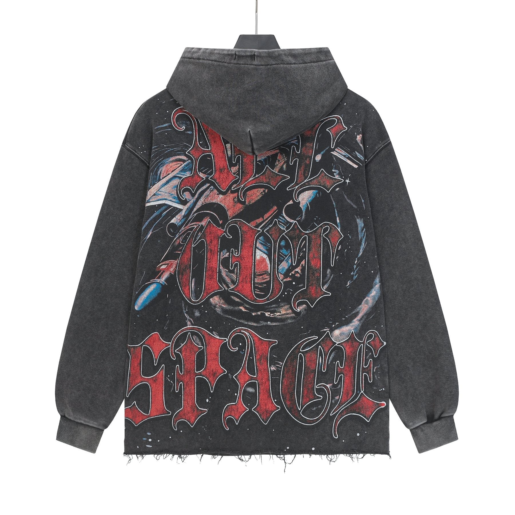 Godspeed Astronaut Skull Graphic Washed Raw Hem Hoodie — back