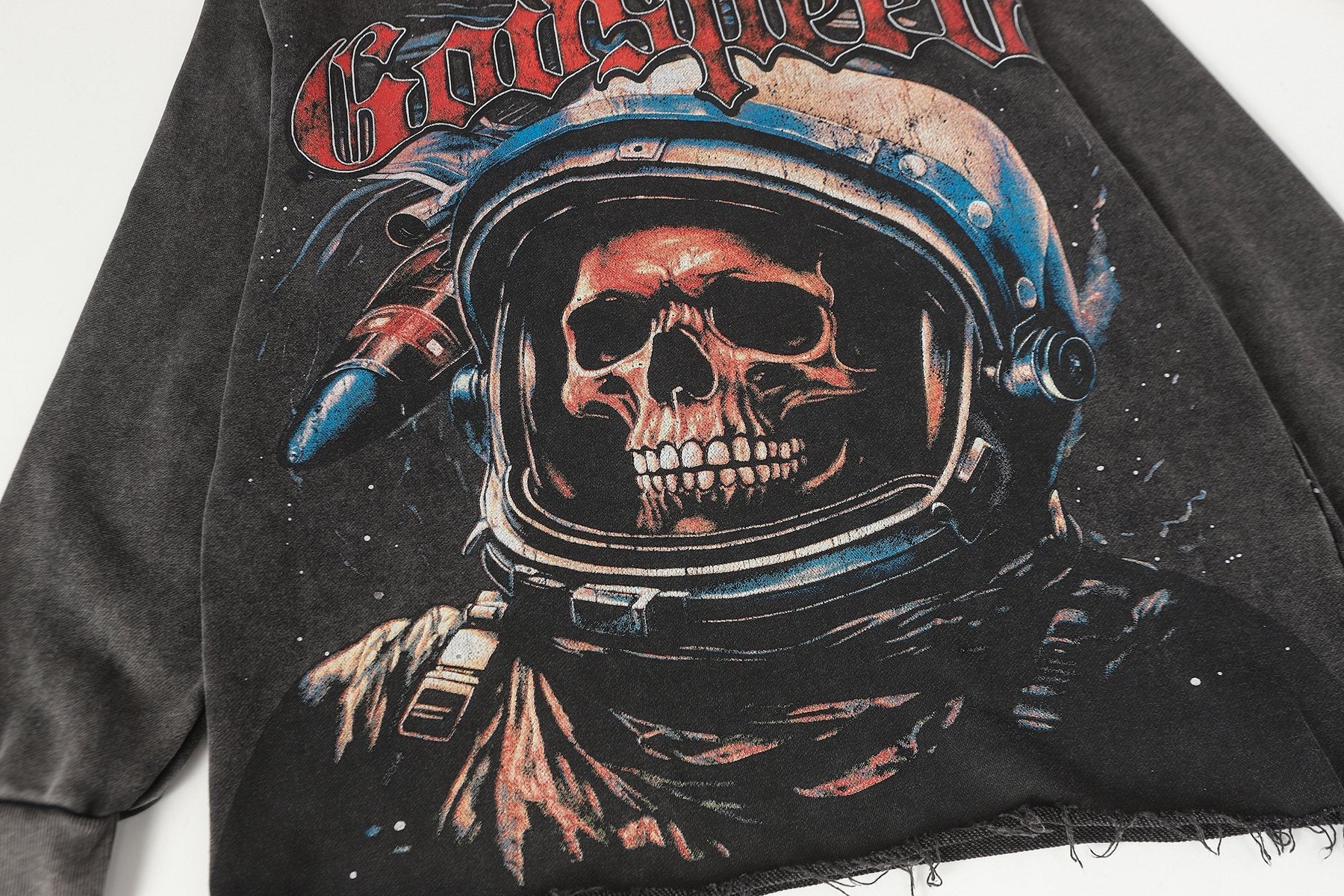 Godspeed Astronaut Skull Graphic Washed Raw Hem Hoodie — detail