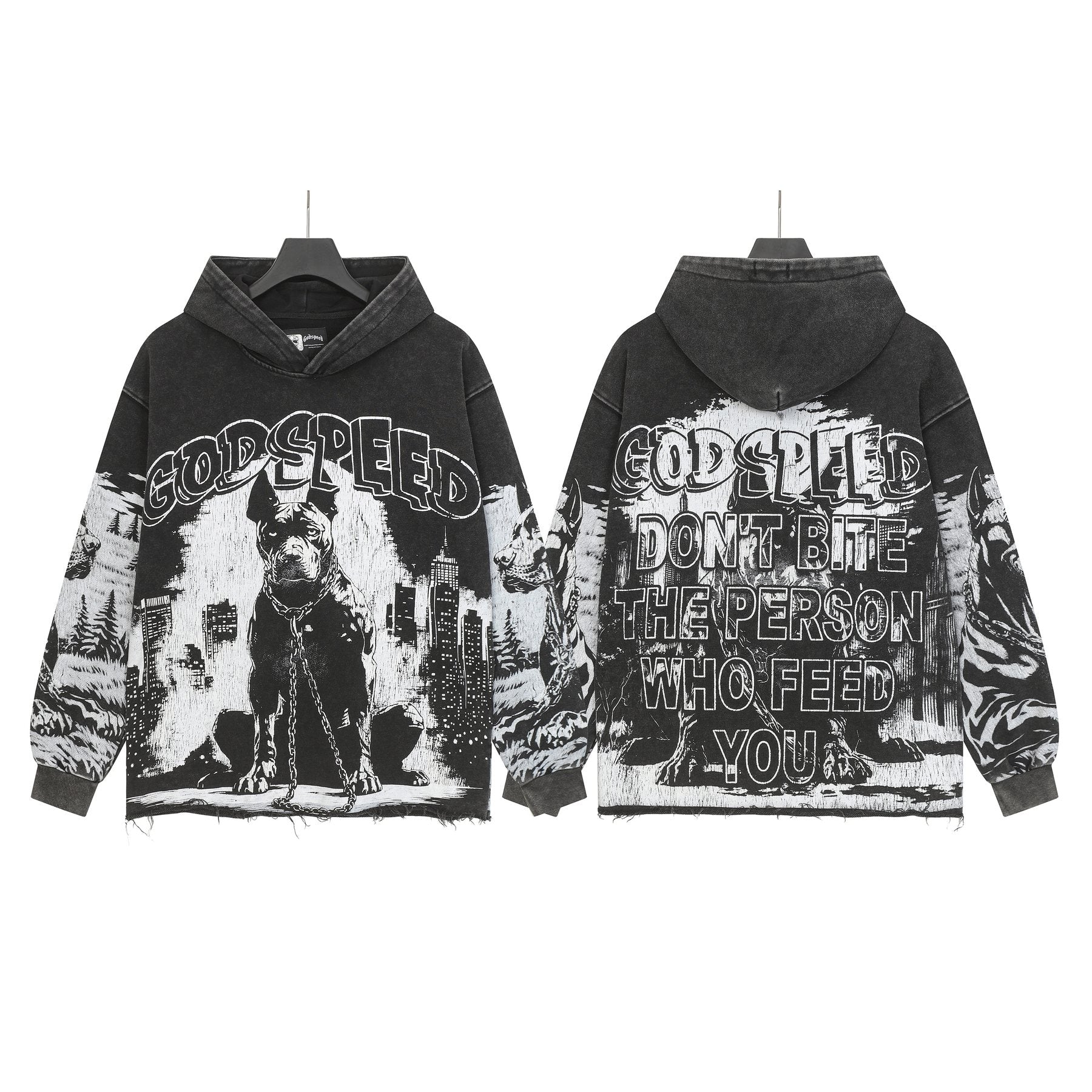 Godspeed Dog & City Graphic Raw-Hem Hoodie — front