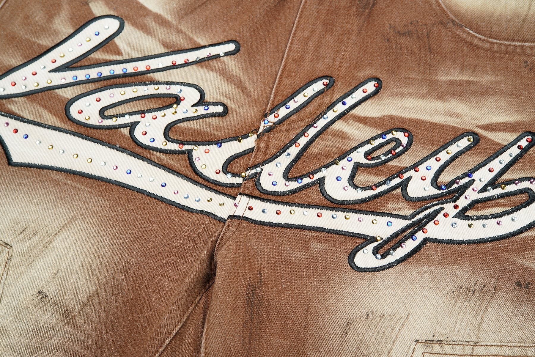 VALLEY Skittles Rhinestone Denim Shorts — detail