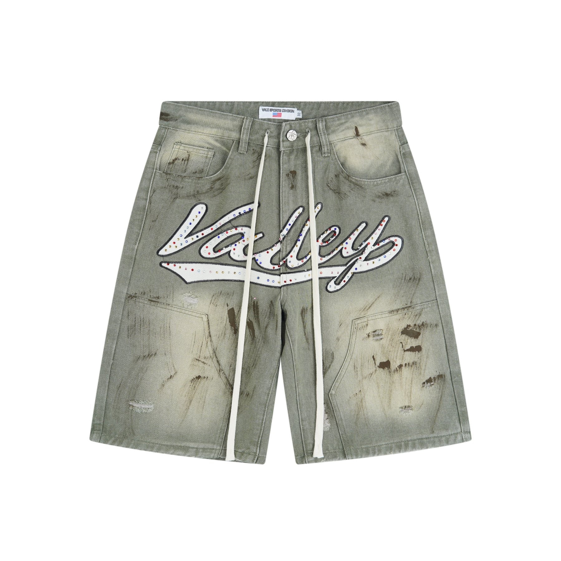 VALLEY Skittles Rhinestone Denim Shorts — front
