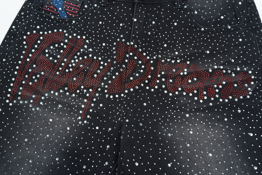 VALLEY Iced Out Rhinestone Denim Jorts — detail