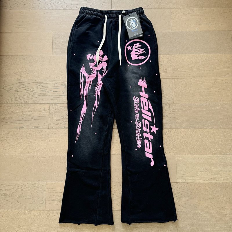 Hellstar Washed Black Pink Graphic Flared Sweatpants — front