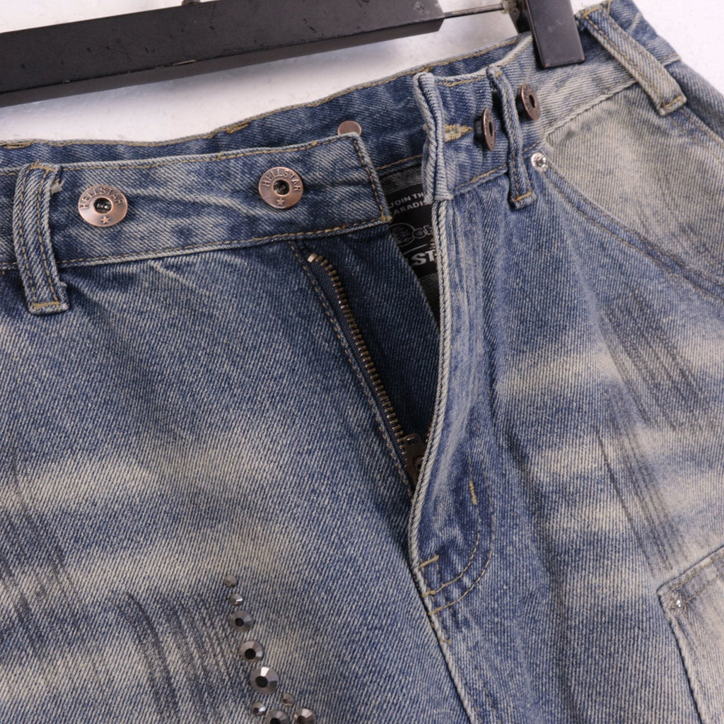 Hellstar Flame Rhinestone Denim Shorts — detail