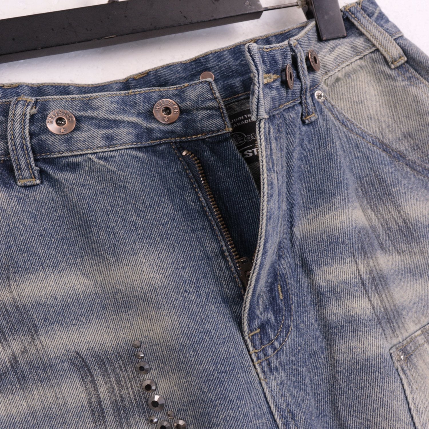 Hellstar Flame Rhinestone Denim Shorts — detail