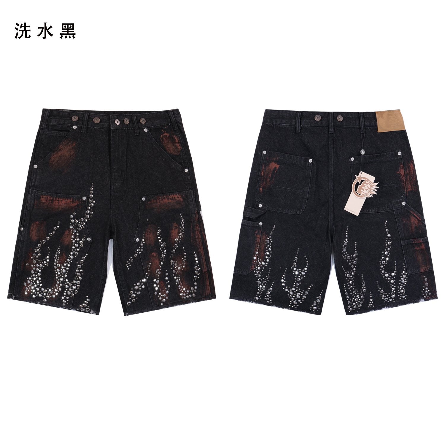 Hellstar Flame Rhinestone Denim Shorts — front