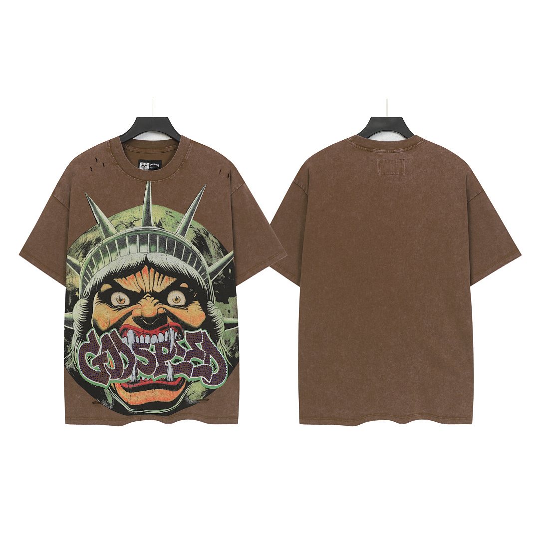 Godspeed Distressed Rhinestone Graphic T-Shirt — front