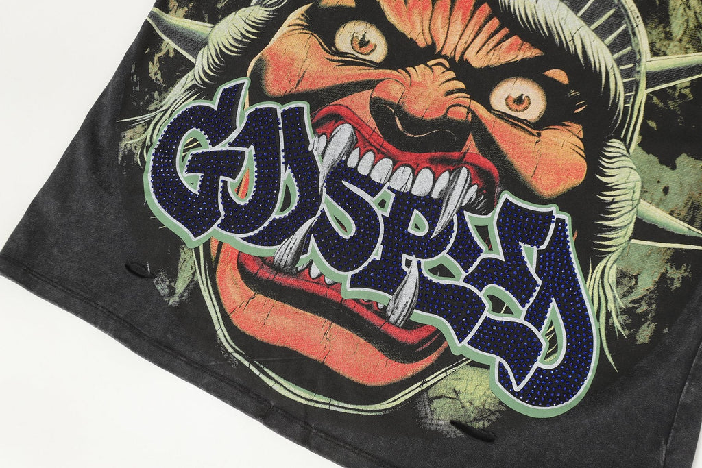 Godspeed Distressed Rhinestone Graphic T-Shirt — detail