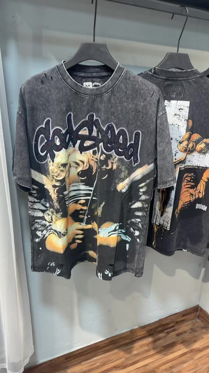 Godspeed Distressed Rhinestone Graphic T-Shirt — context