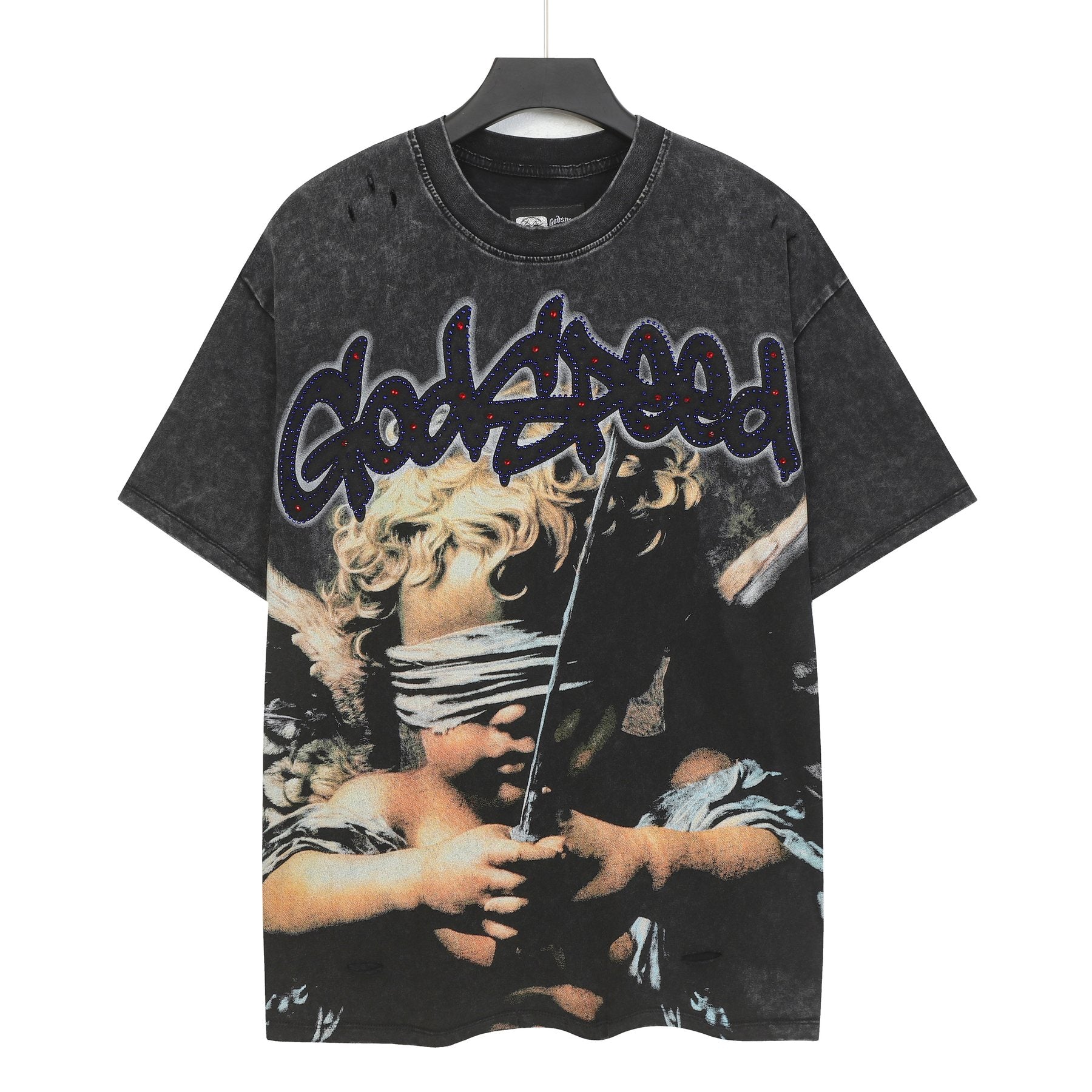 Godspeed Distressed Rhinestone Graphic T-Shirt — front