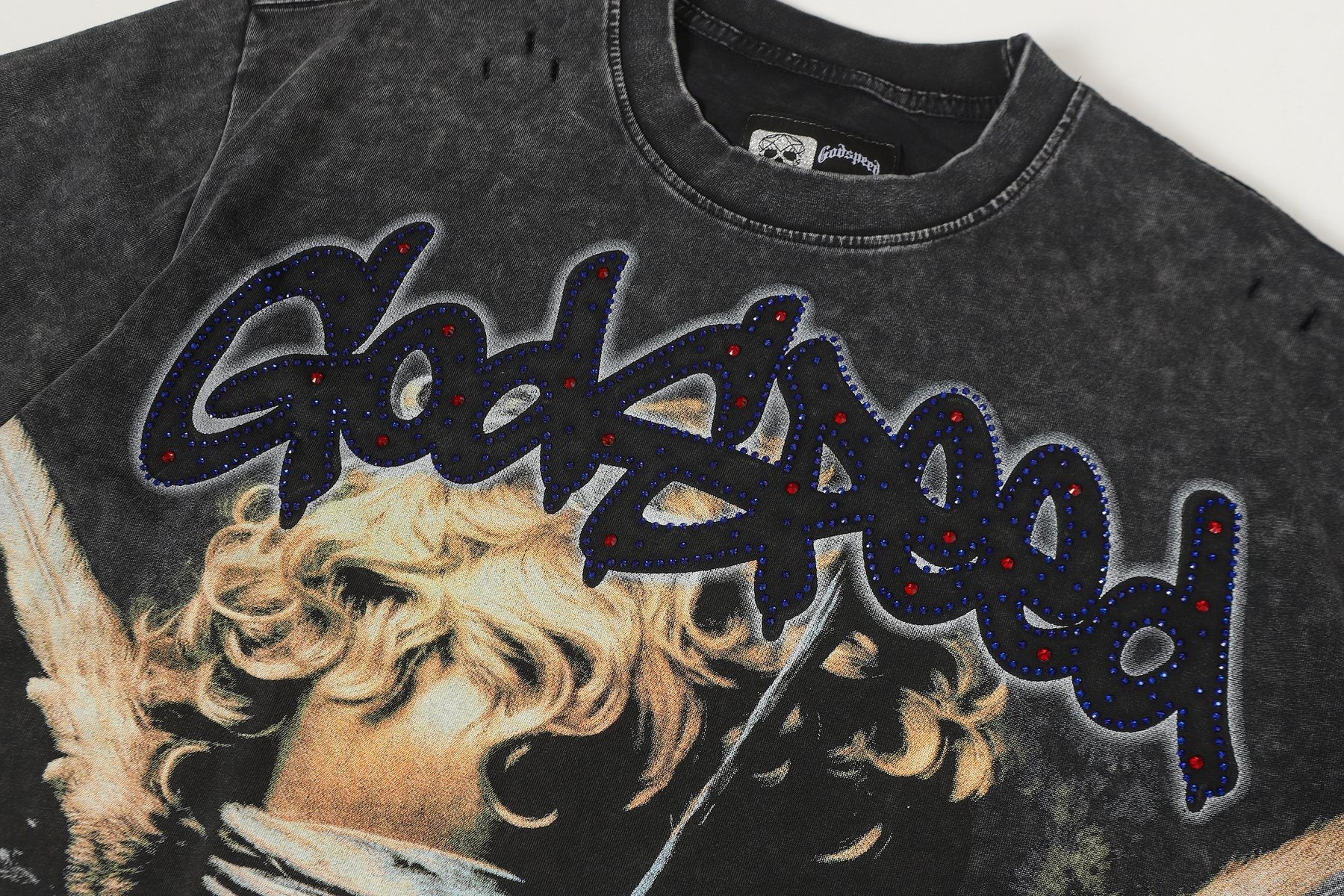 Godspeed Distressed Rhinestone Graphic T-Shirt — detail