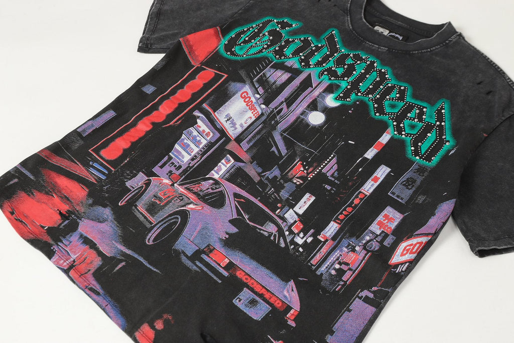 Godspeed City Car Rhinestone Graphic T-Shirt — front