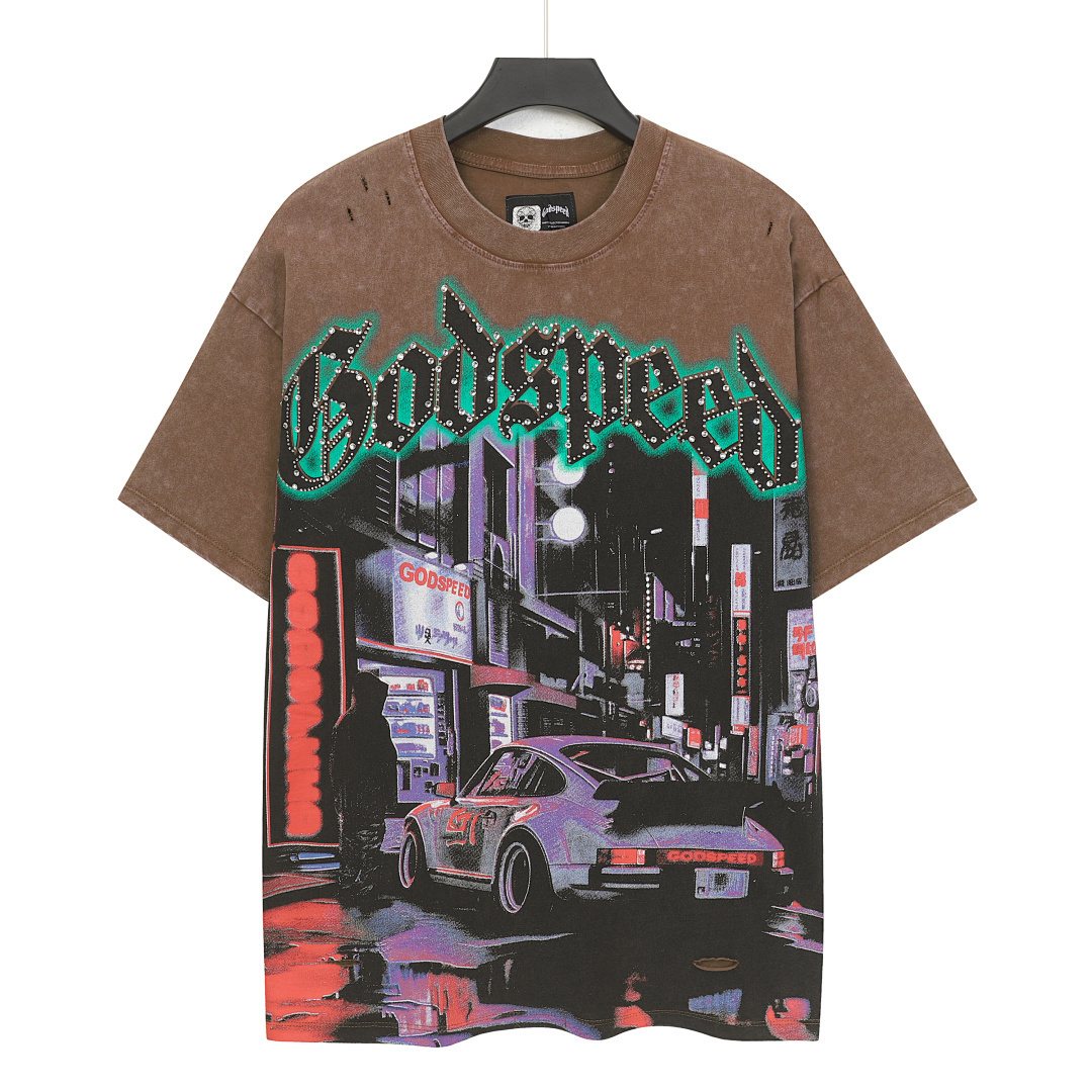 Godspeed City Car Rhinestone Graphic T-Shirt — front