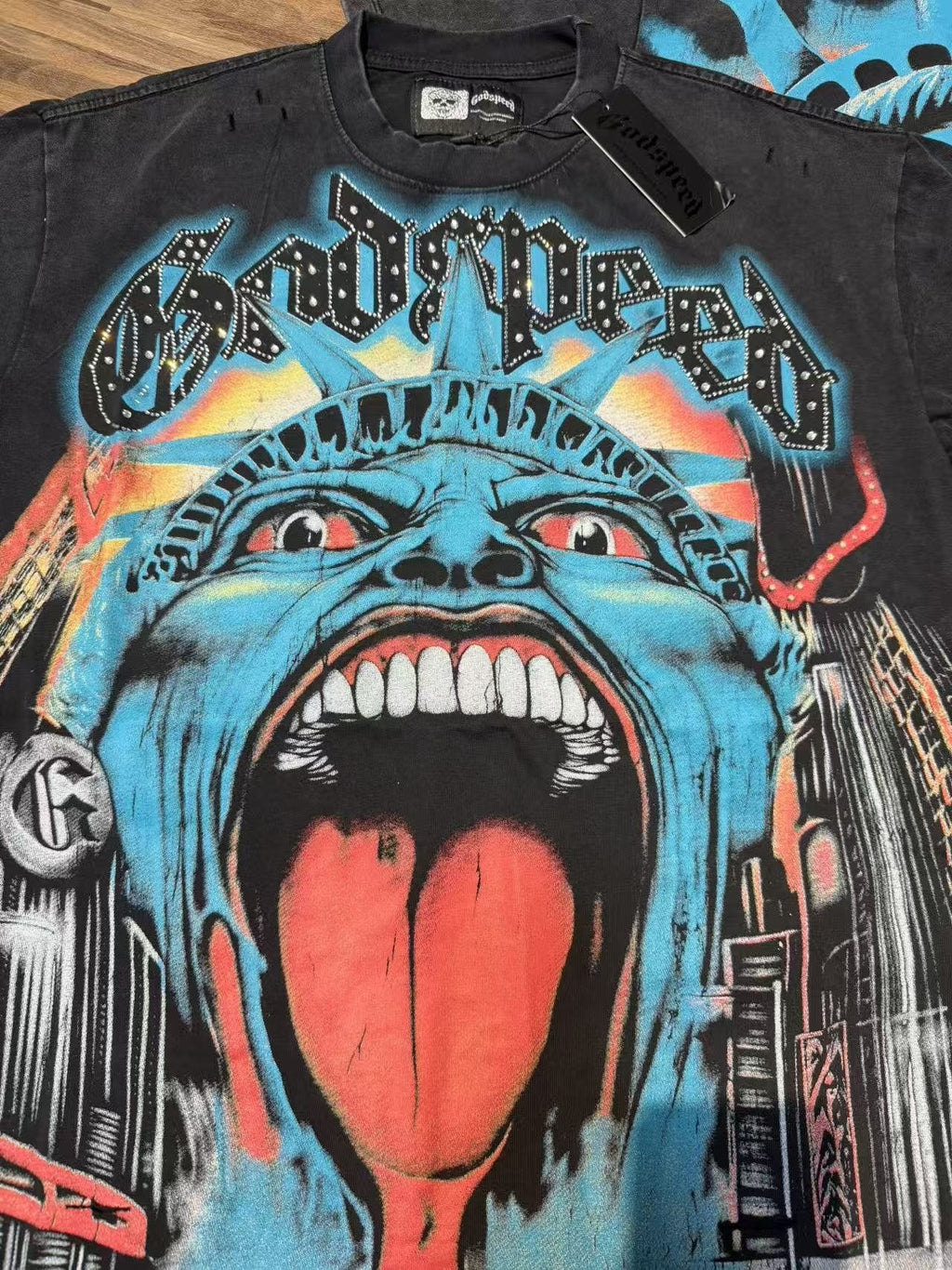 Godspeed Distressed Rhinestone Graphic T-Shirt — detail