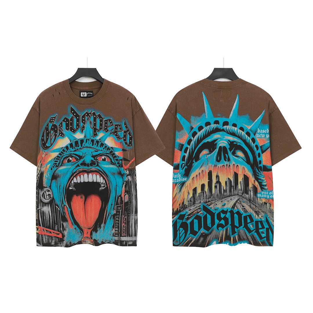 Godspeed Distressed Rhinestone Graphic T-Shirt — front