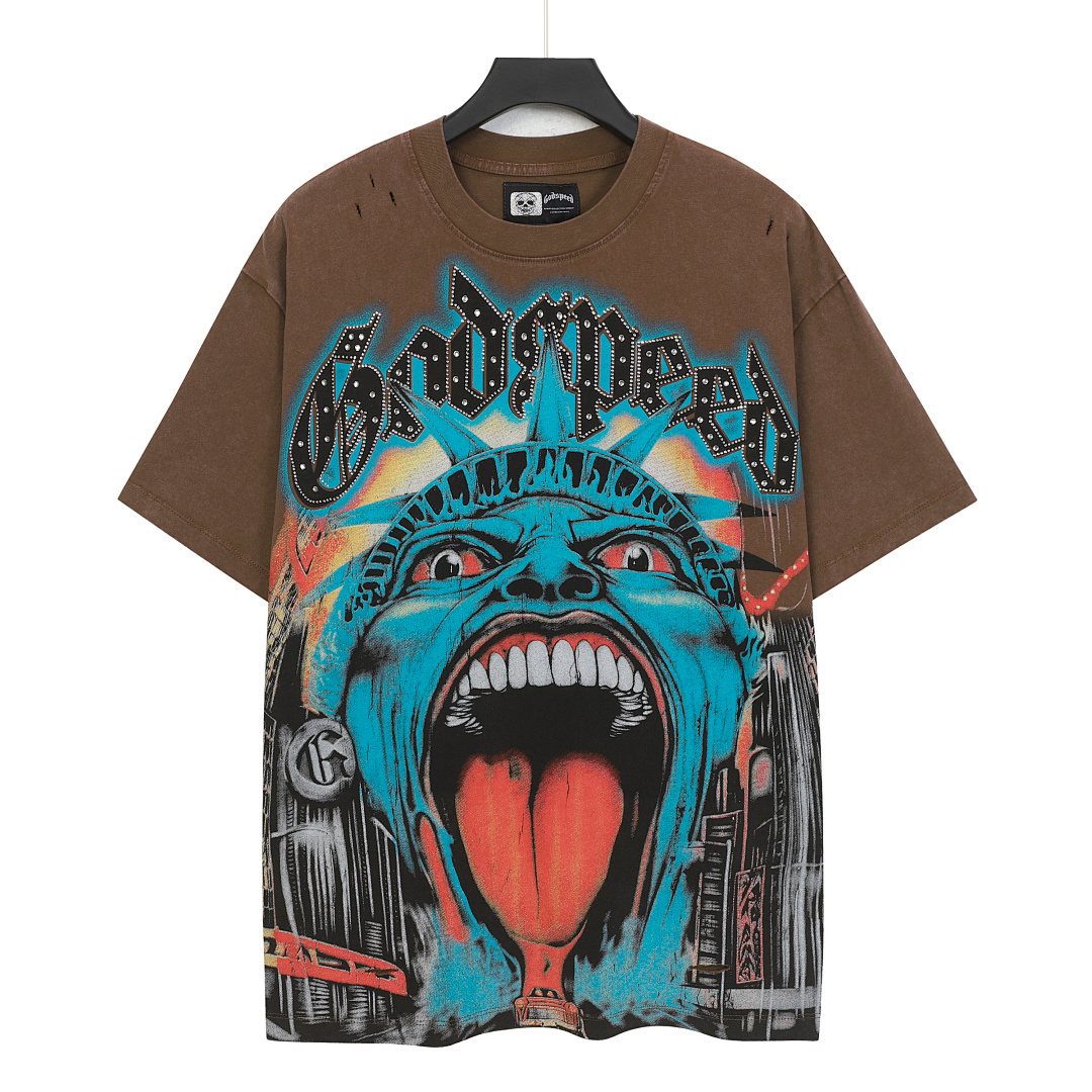 Godspeed Distressed Rhinestone Graphic T-Shirt — front
