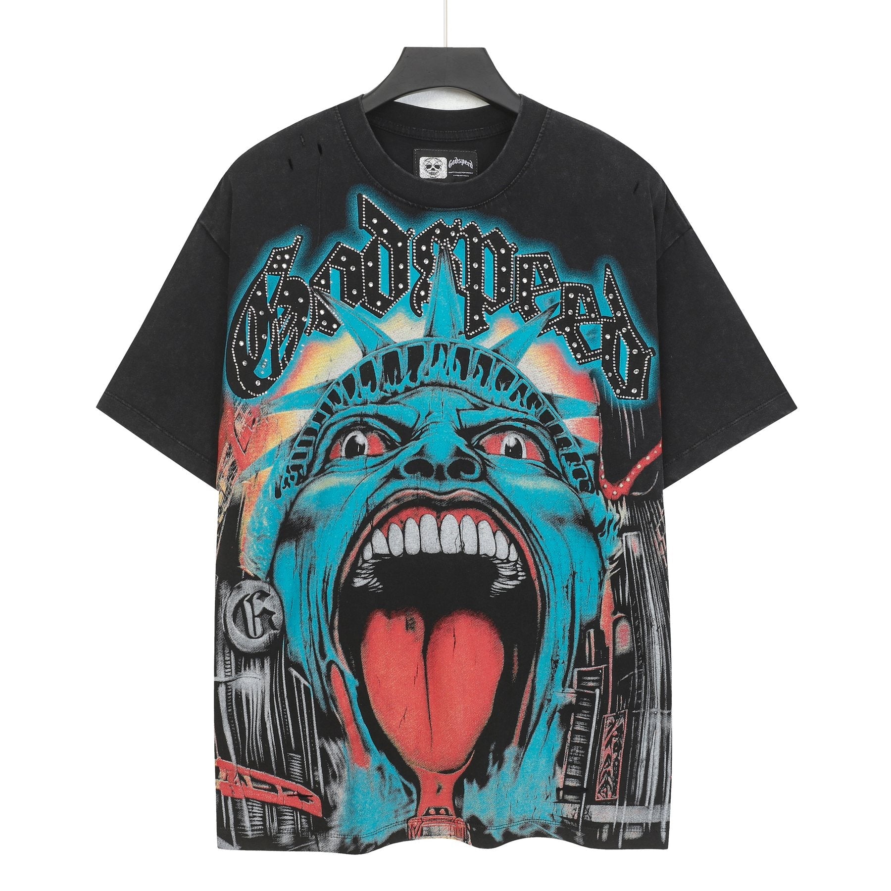 Godspeed Distressed Rhinestone Graphic T-Shirt — front