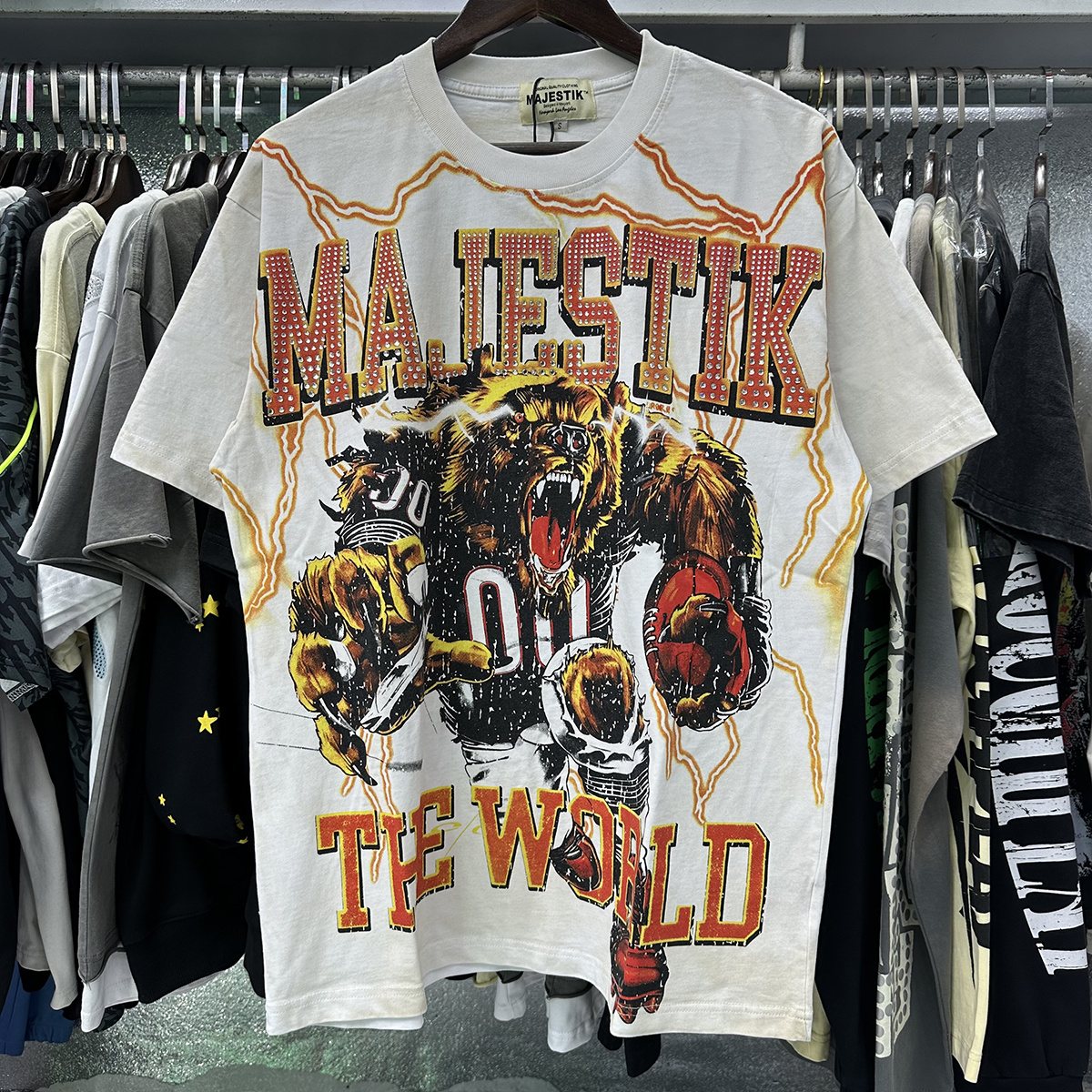 MAJESTIK Fearless 00 Football Bear Graphic T-Shirt — context