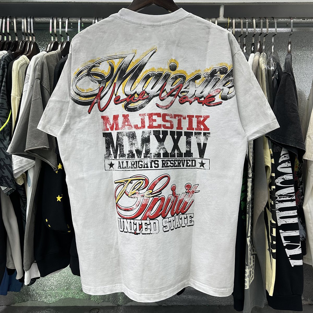 MAJESTIK Liberty Statue Rhinestone Graphic T-Shirt — context